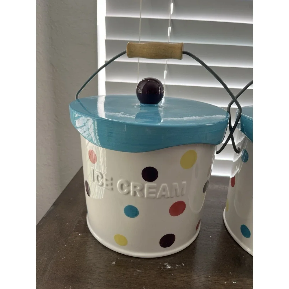 Main Ingredients Ceramic Ice Cream Server Pail Earthenware Polka Dot Cookie Jar